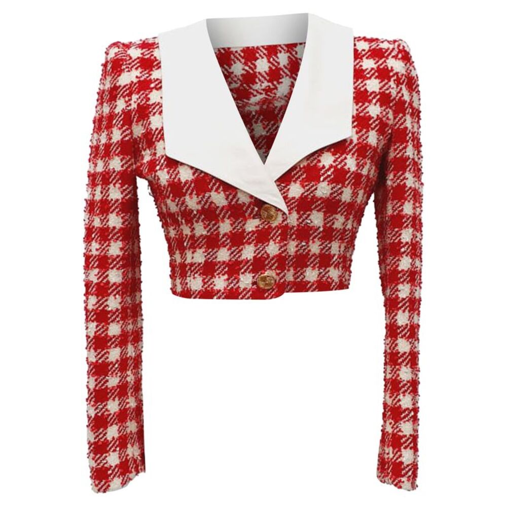 Alessandra Rich Checkered Tweed Cropped Jacket in Red Wool